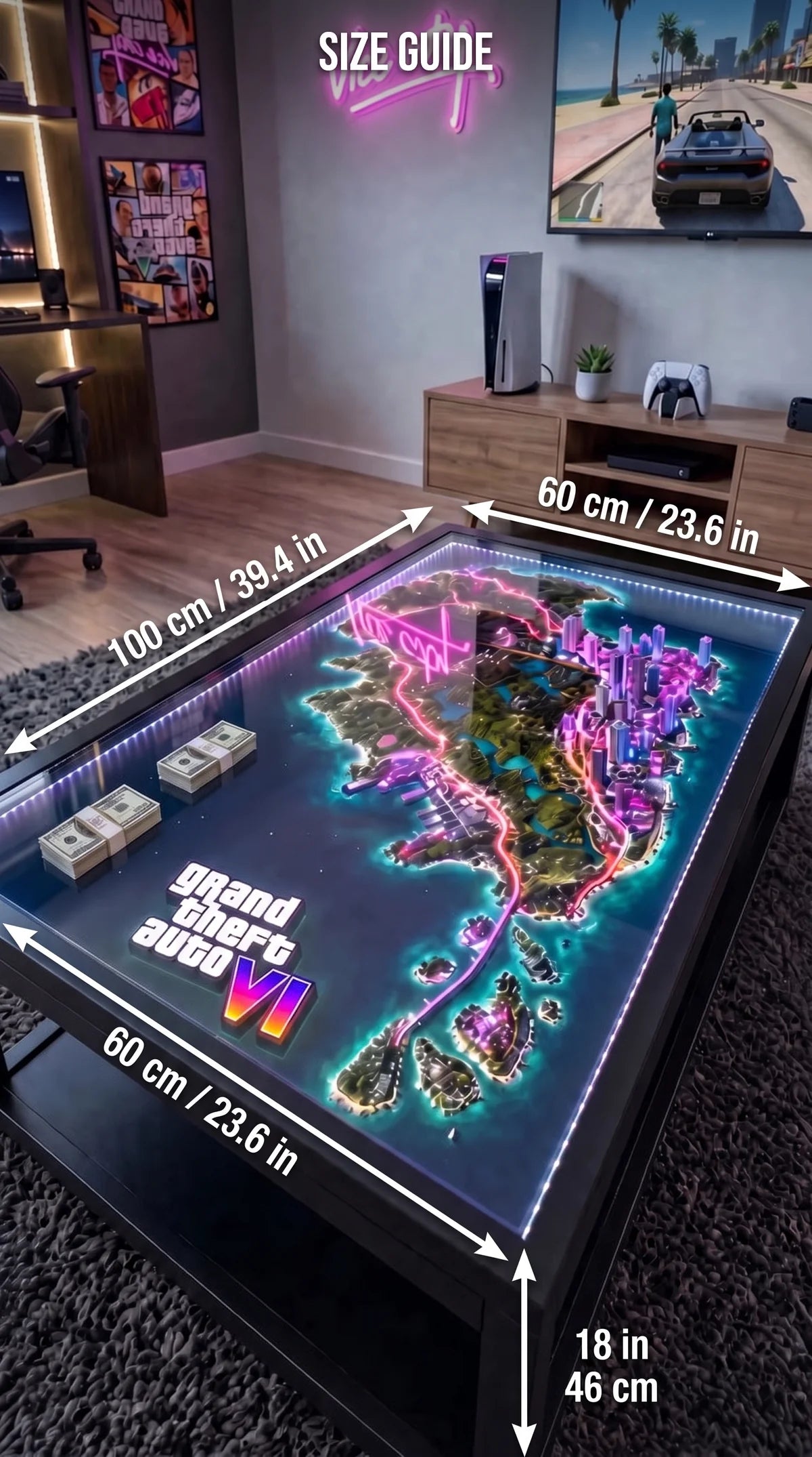 ViceCity - Mesa de centro LED con mapa de neón