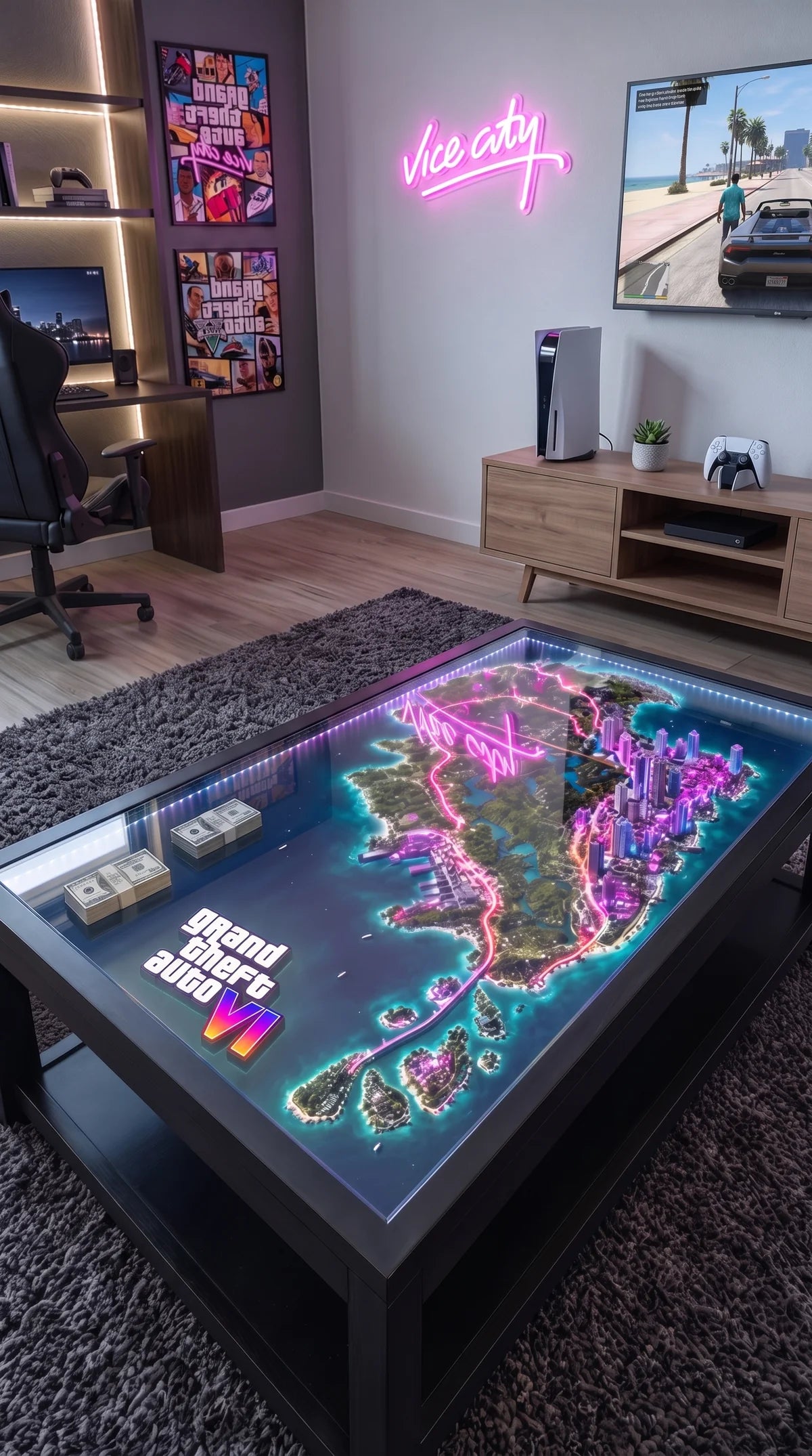ViceCity - Mesa de centro LED con mapa de neón